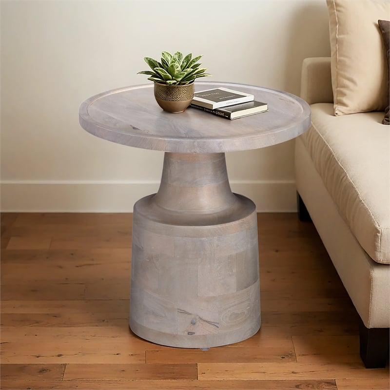 Capri White Mango Wood Pedestal Side Table Elegant Design with Natural Grain