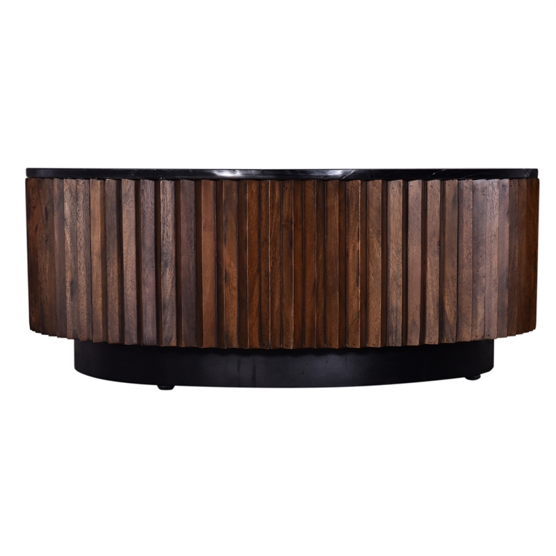 Pierre 12 in. Black Marble and Brown Wood Side Table Modern Minimalist Design