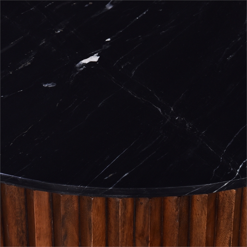 Pierre 12 in. Black Marble and Brown Wood Side Table Modern Minimalist Design