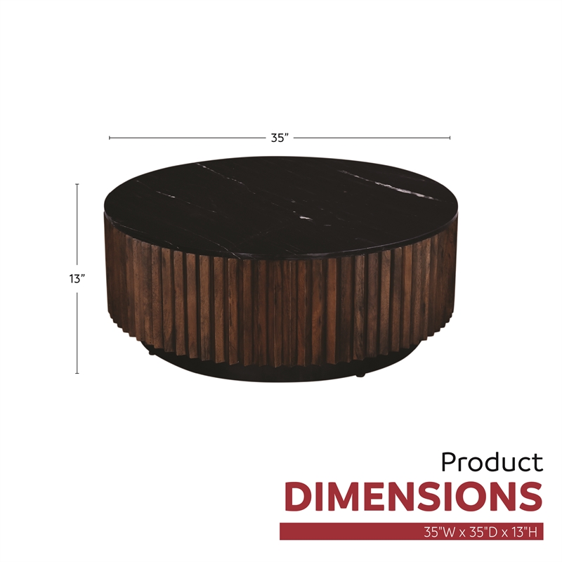 Pierre 12 in. Black Marble and Brown Wood Side Table Modern Minimalist Design