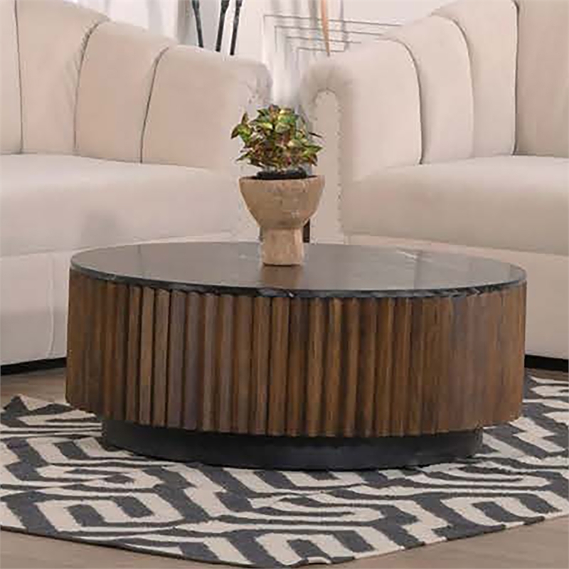 Pierre 12 in. Black Marble and Brown Wood Side Table Modern Minimalist Design