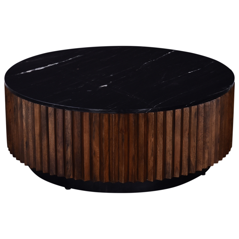 Pierre 12 in. Black Marble and Brown Wood Side Table Modern Minimalist Design