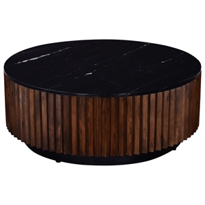 Pierre 12 in. Black Marble and Brown Wood Side Table Modern Minimalist Design