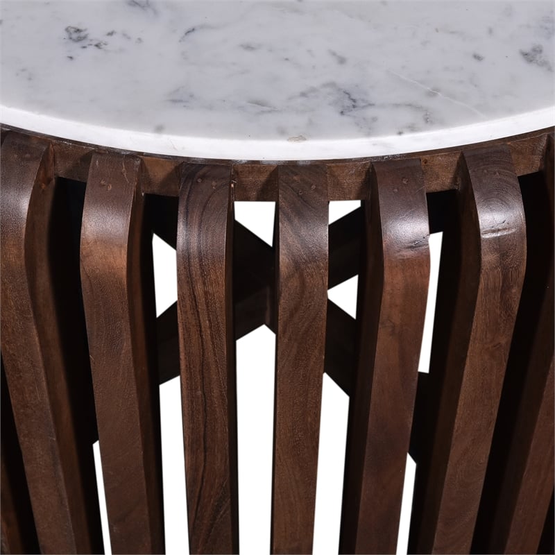 Reeves 33 in. White Marble & Brown Acacia Wood Coffee Table Modern Design