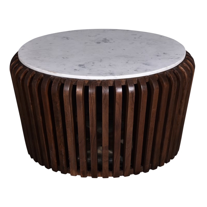 Reeves 33 in. White Marble & Brown Acacia Wood Coffee Table Modern Design