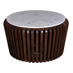 Reeves 33 in. White Marble & Brown Acacia Wood Coffee Table Modern Design