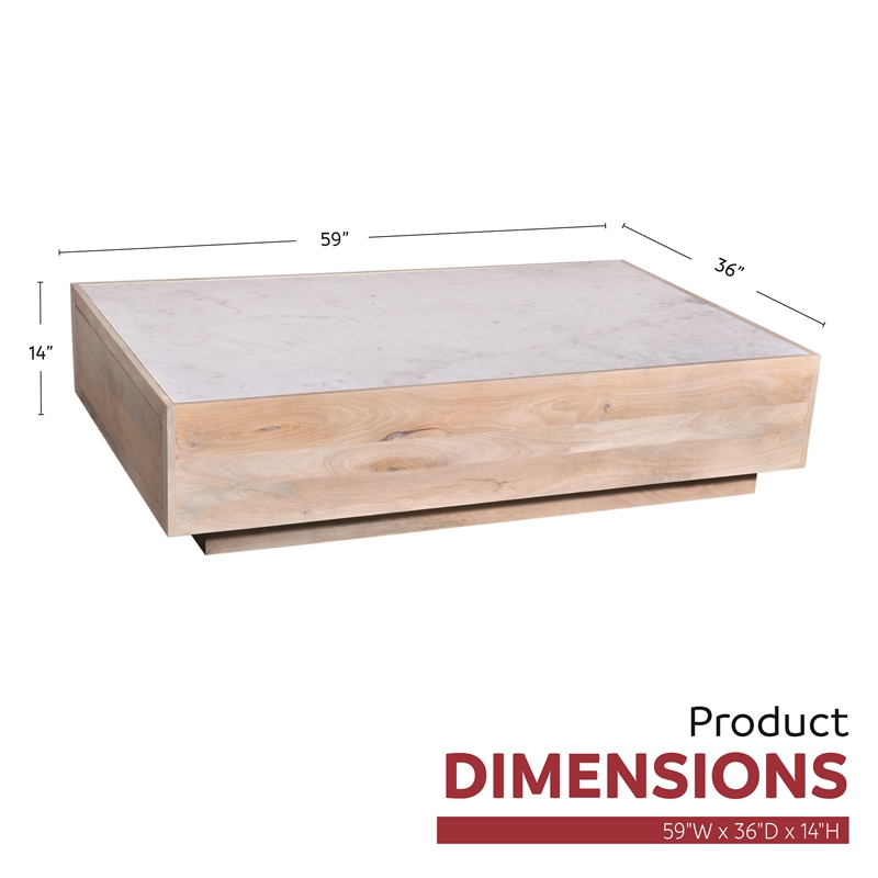 Oasis 59 in. White Wood and Marble Storage Coffee Table with Drawers