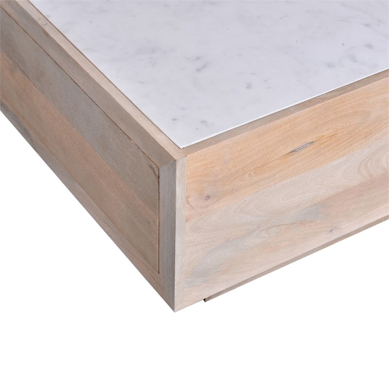 Oasis 59 in. White Wood and Marble Storage Coffee Table with Drawers