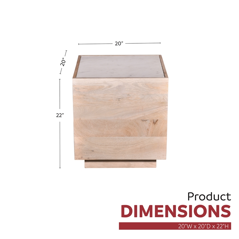 Oasis 20 in. White Wood and Marble Side Table Modern Mango Wood Base