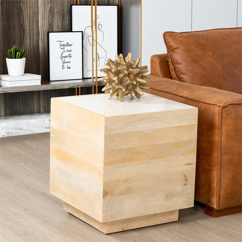 Oasis 20 in. White Wood and Marble Side Table Modern Mango Wood Base