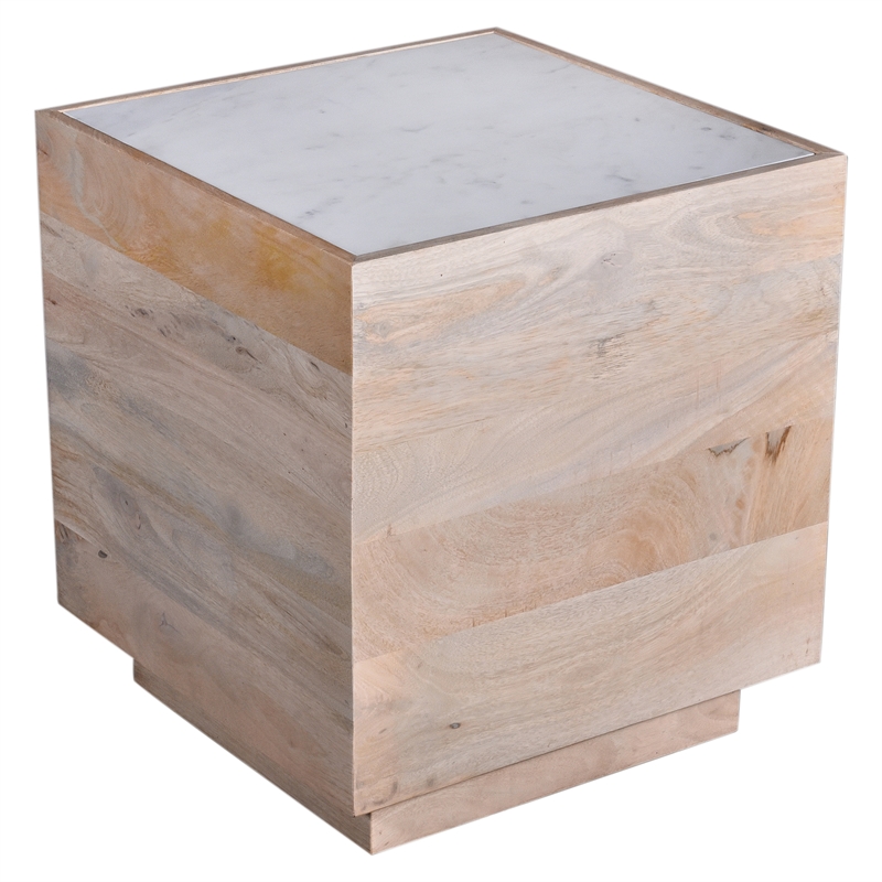 Oasis 20 in. White Wood and Marble Side Table Modern Mango Wood Base