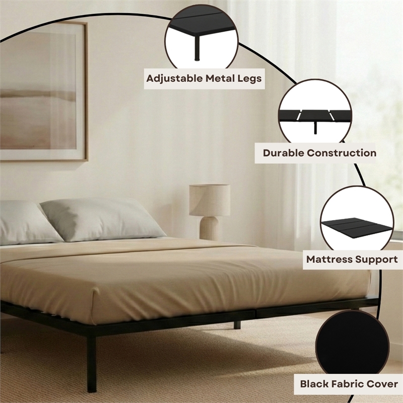 ZenBase Black Upholstered Queen Platform Bed Frame with Steel Construction
