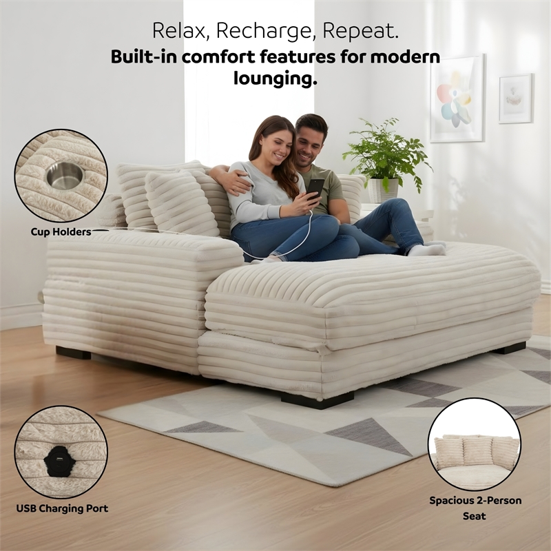 Cocoon Taupe Oversized Fabric Cuddler Chaise with Cupholder and USB Ports