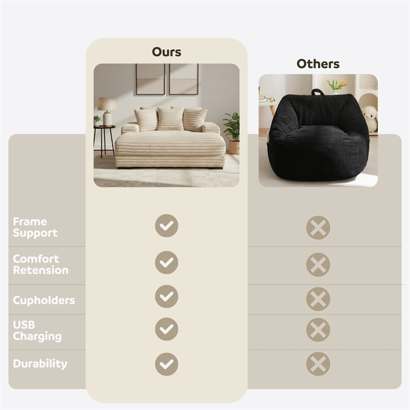 Cocoon Taupe Oversized Fabric Cuddler Chaise with Cupholder and USB Ports