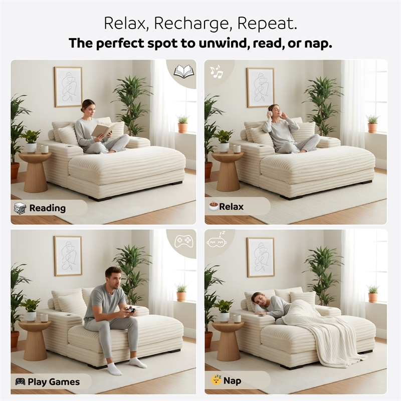 Cocoon Taupe Oversized Fabric Cuddler Chaise with Cupholder and USB Ports