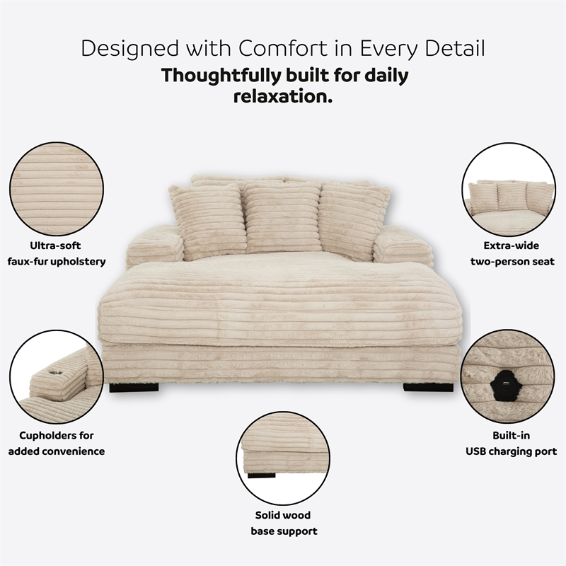 Cocoon Taupe Oversized Fabric Cuddler Chaise with Cupholder and USB Ports