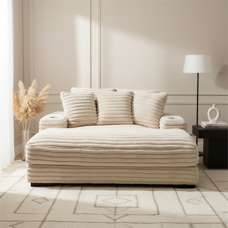 Cocoon Taupe Oversized Fabric Cuddler Chaise with Cupholder and USB Ports