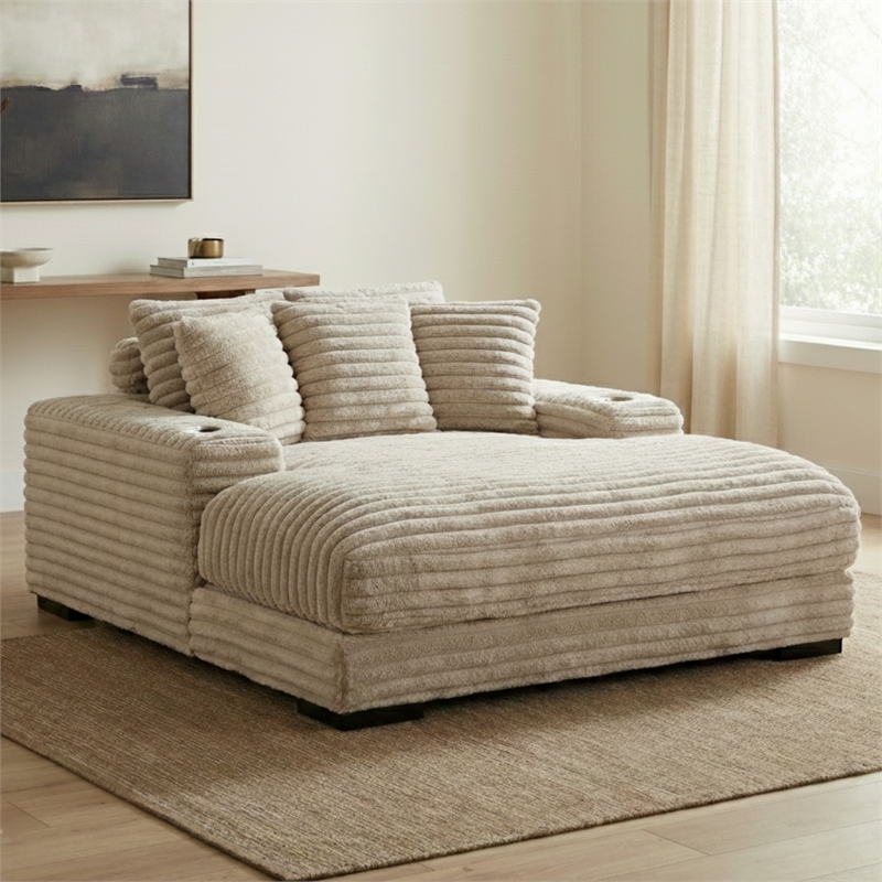 Cocoon Taupe Oversized Fabric Cuddler Chaise with Cupholder and USB Ports