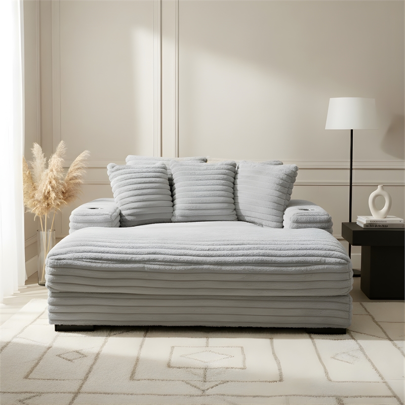 Cocoon Gray Oversized Fabric Cuddler Chaise with Cupholder and USB Ports