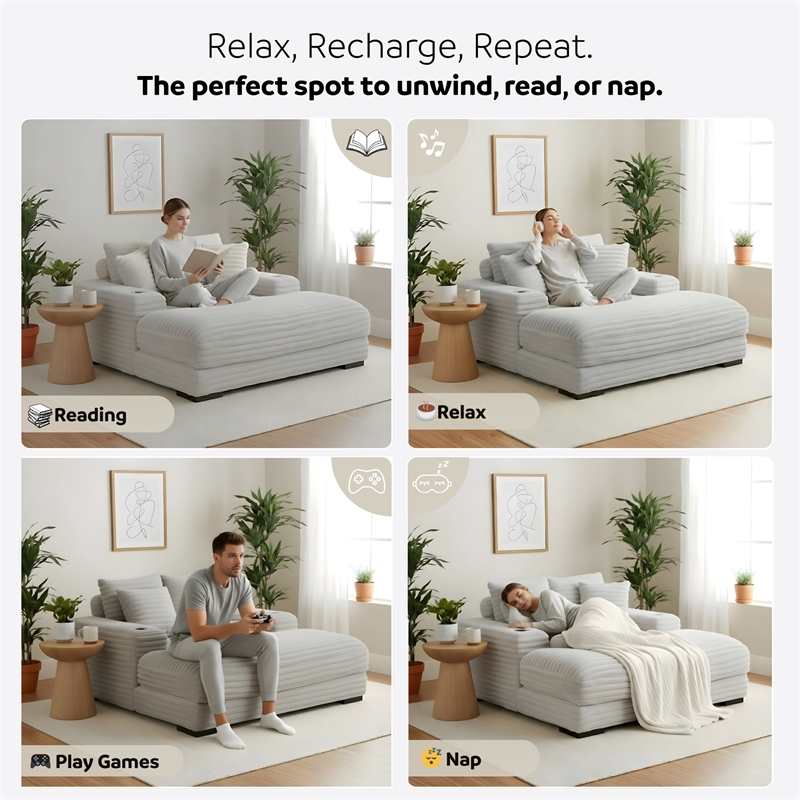 Cocoon Gray Oversized Fabric Cuddler Chaise with Cupholder and USB Ports