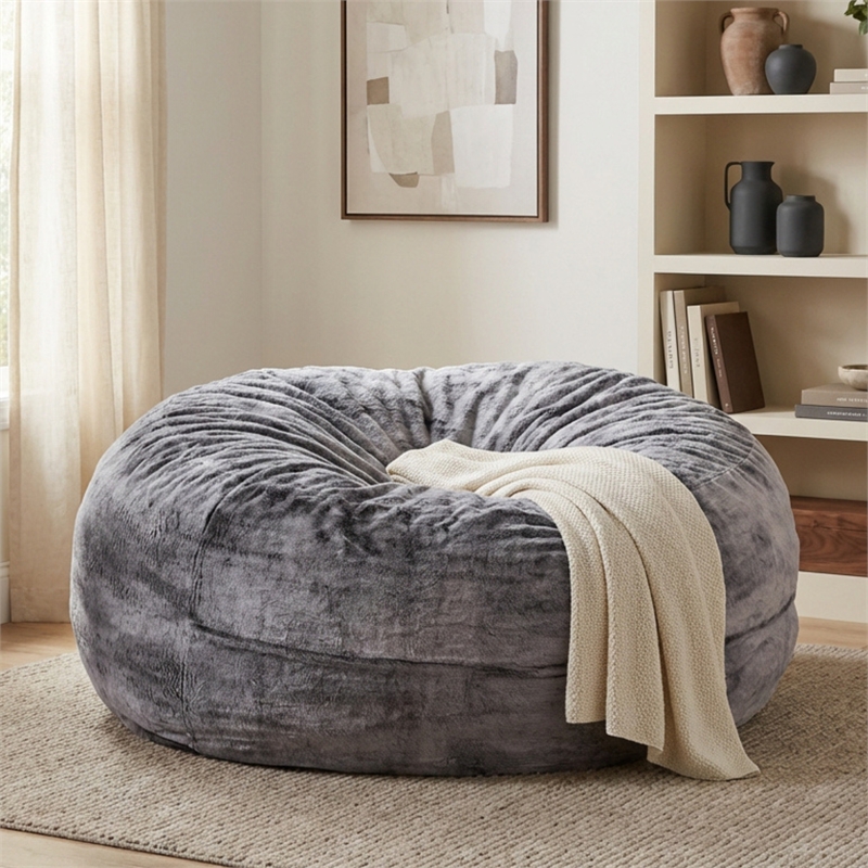 Sealy Bala 5ft Gray Faux Fur Memory Foam Bean Bag with Shredded Foam