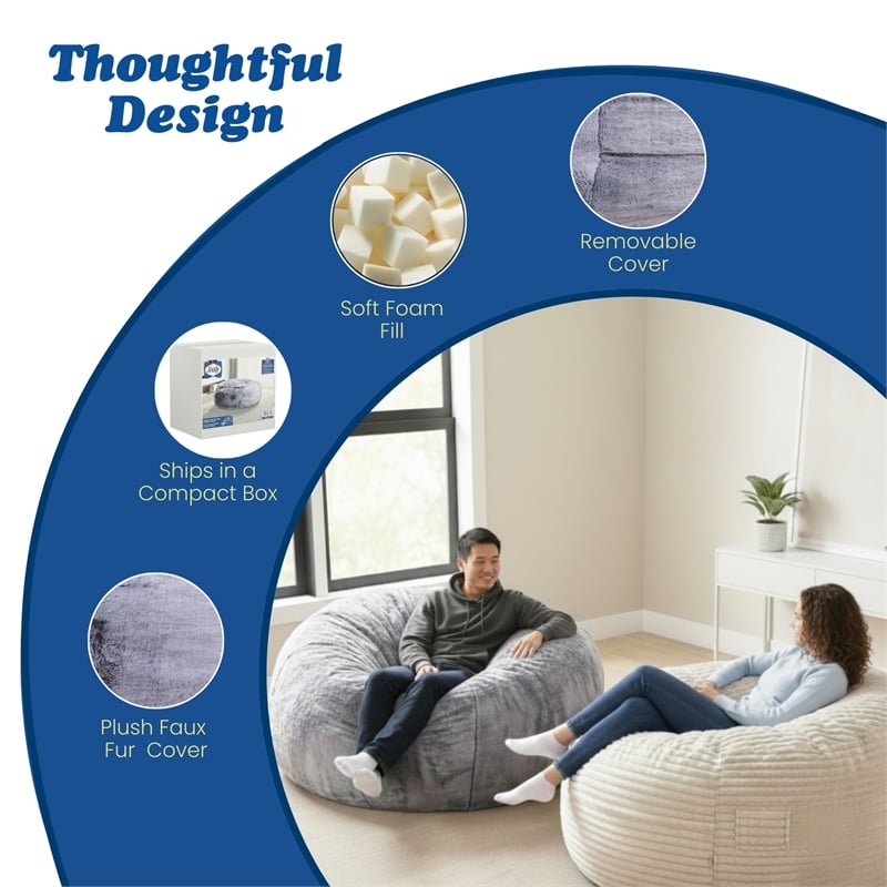 Sealy Bala 5ft Gray Faux Fur Memory Foam Bean Bag with Shredded Foam