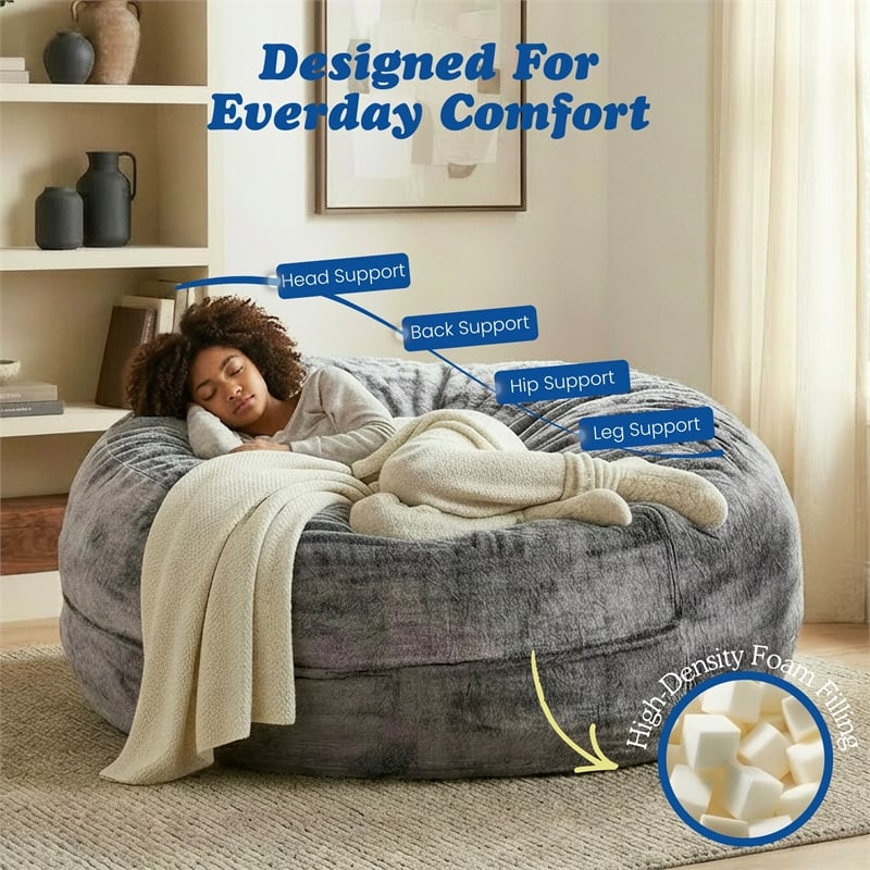 Sealy Bala 5ft Gray Faux Fur Memory Foam Bean Bag with Shredded Foam