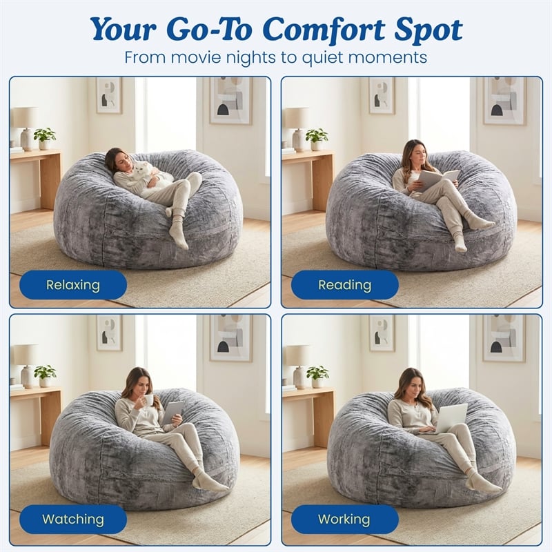 Sealy Bala 5ft Gray Faux Fur Memory Foam Bean Bag with Shredded Foam