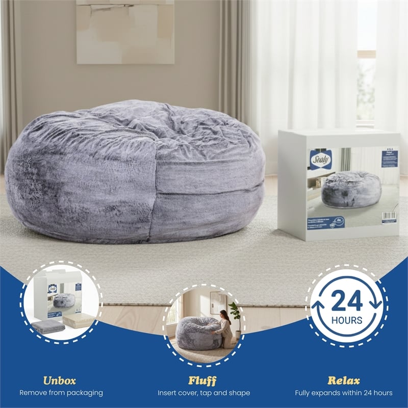 Sealy Bala 5ft Gray Faux Fur Memory Foam Bean Bag with Shredded Foam
