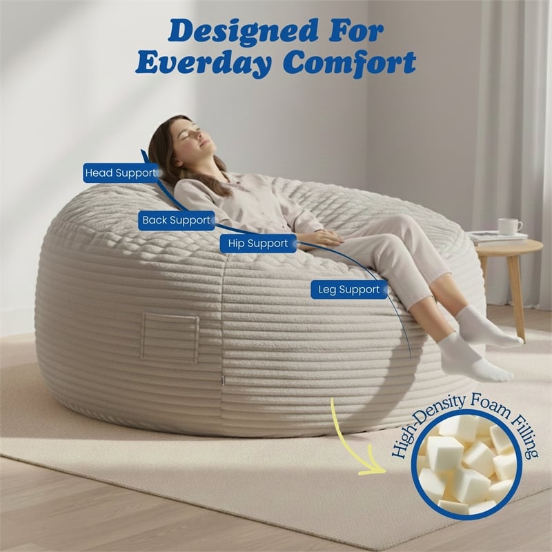 Sealy Bala 5ft Taupe Faux Fur Foam Bean Bag Lounger with Shredded Foam