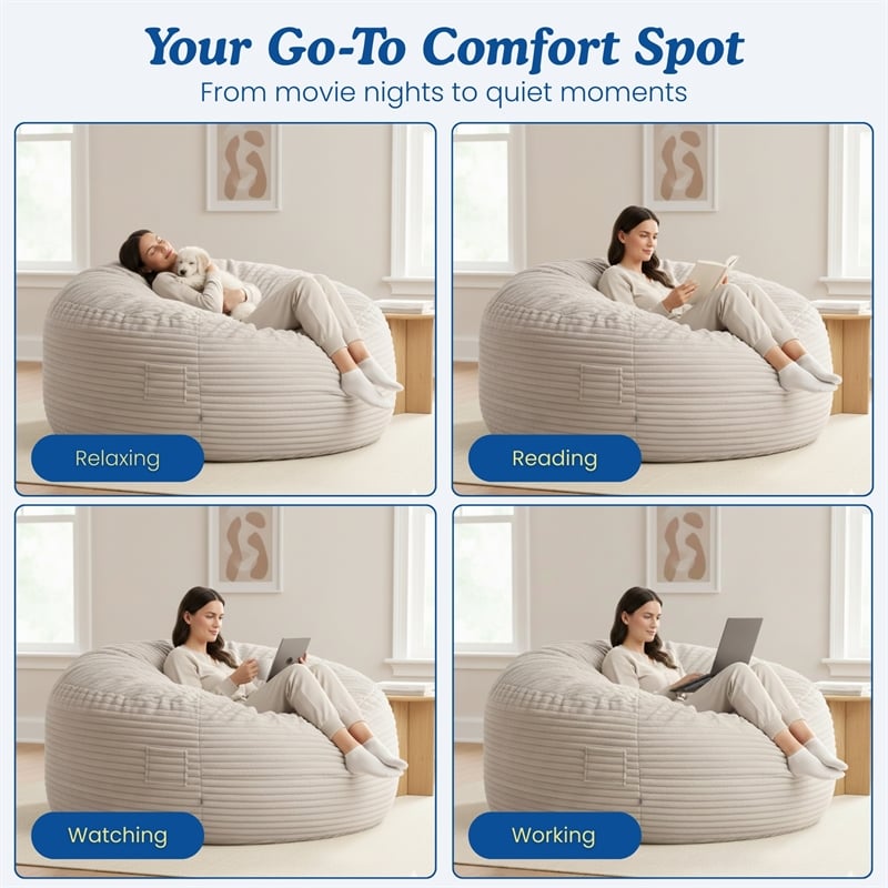 Sealy Bala 5ft Taupe Faux Fur Foam Bean Bag Lounger with Shredded Foam