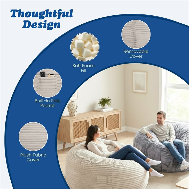 Sealy Bala 5ft Taupe Faux Fur Foam Bean Bag Lounger with Shredded Foam