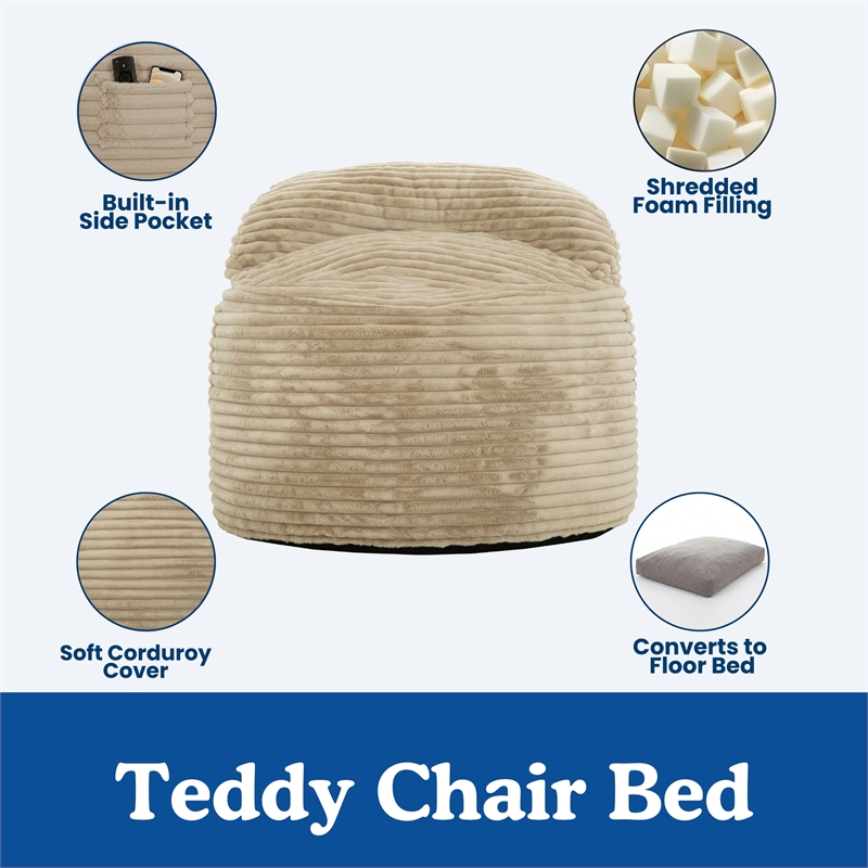 Sealy Teddy 2-in-1 Beige Shredded Foam Bean Bag Chair and Memory Foam Pillow