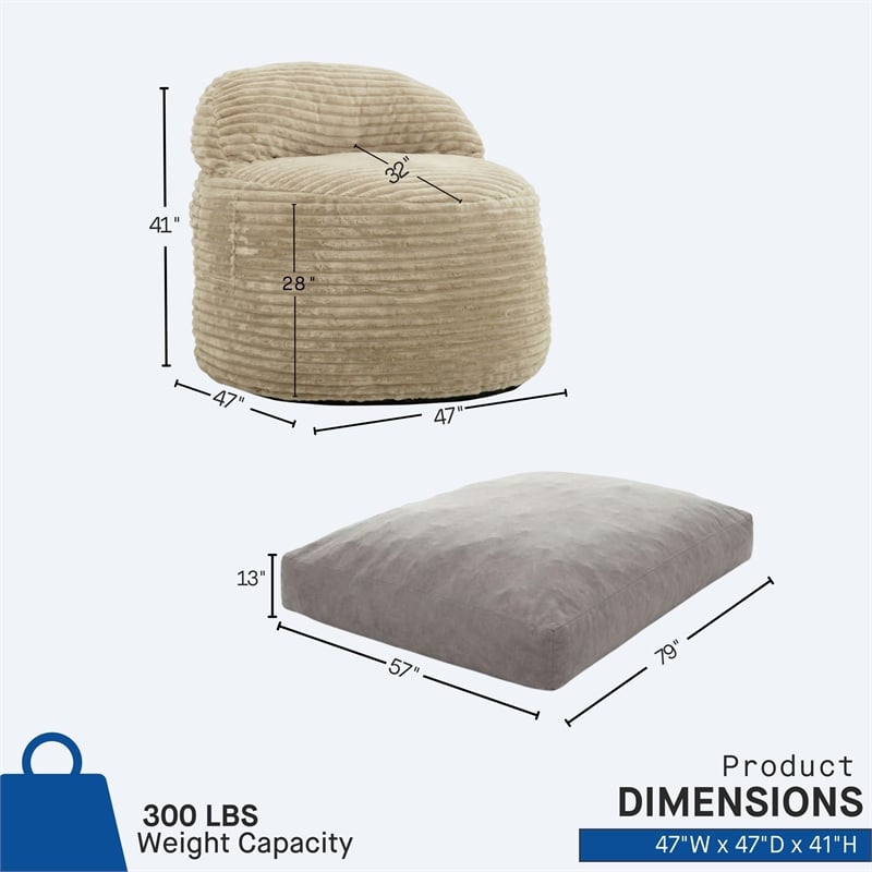 Sealy Teddy 2-in-1 Beige Shredded Foam Bean Bag Chair and Memory Foam Pillow