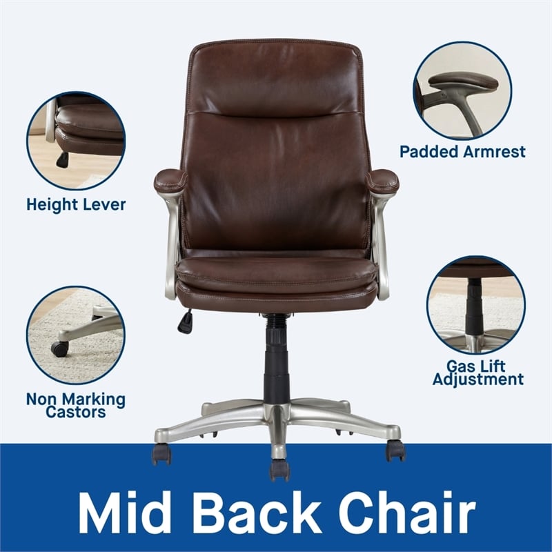 Sealy Brown Faux Leather Mid Back Swivel Office Chair with Fabric Upholstery