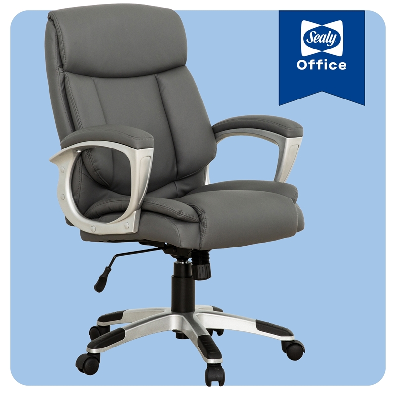 Sealy Kent Grey Leather Mid-Back Memory Foam Swivel Office Chair