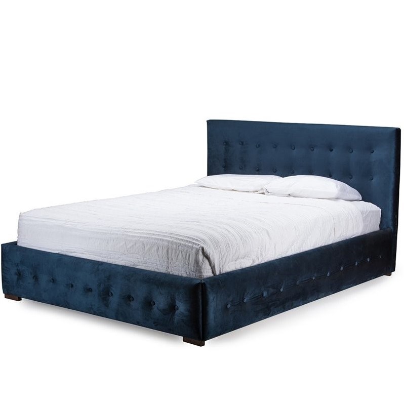 Velvet Upholstered Queen Platform Bed in Blue Cymax Business