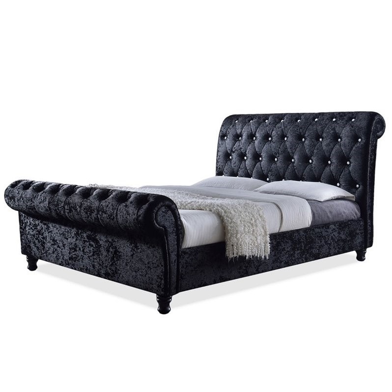 Castello Velvet Upholstered Queen Sleigh Bed in Black Cymax Business