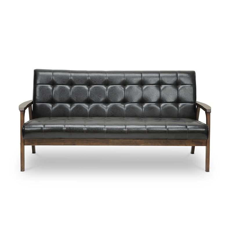 Mid Century Faux Leather Sofa in Brown