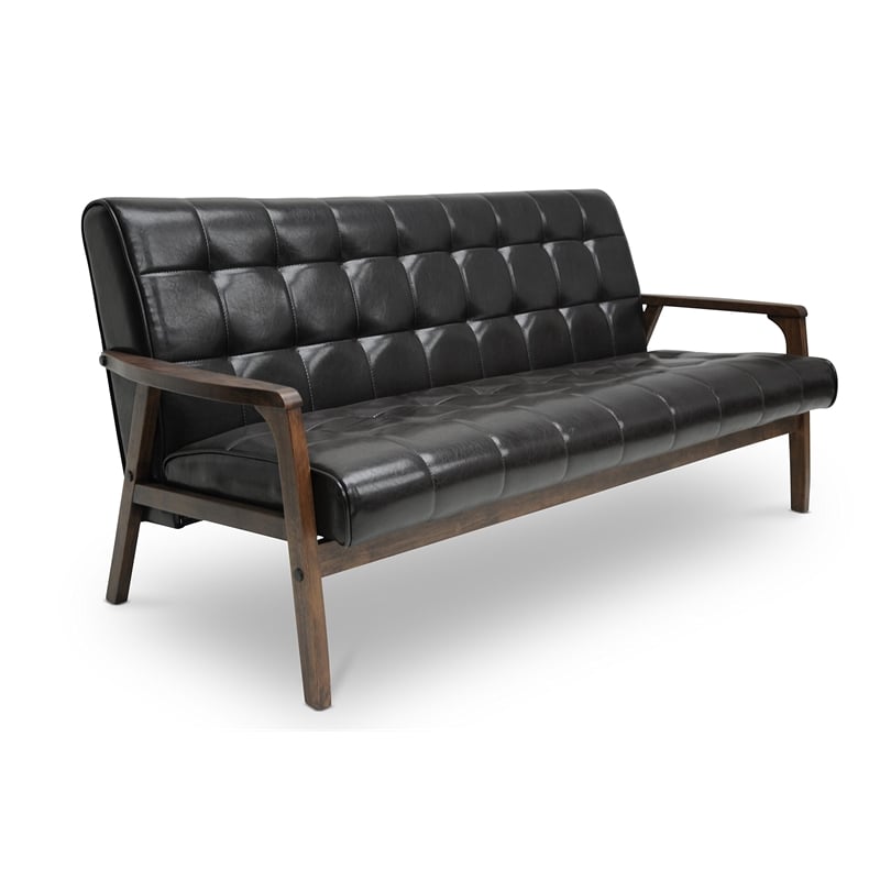 Mid Century Faux Leather Sofa in Brown