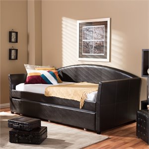 baxton studio london faux leather twin daybed with trundle in brown