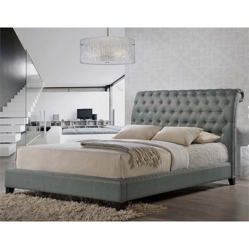 Baxton Studio Jazmin Tufted King Sleigh Platform Bed in Gray