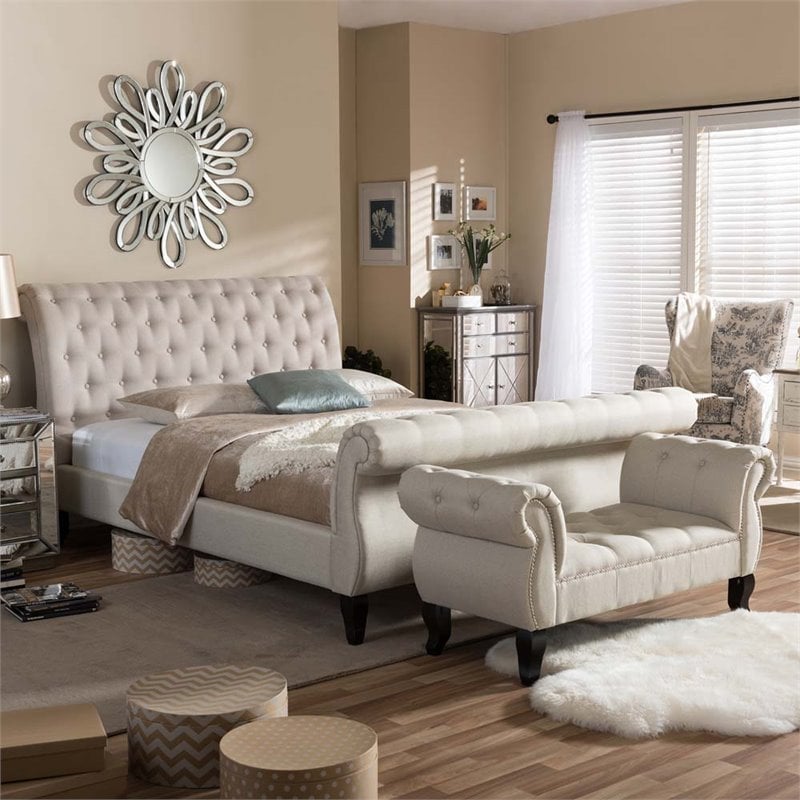 Baxton Studio Antoinette Tufted King Sleigh Platform Bed in Beige