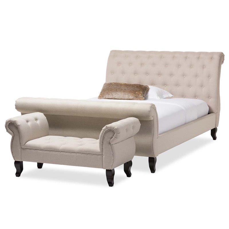 Baxton Studio Antoinette Tufted King Sleigh Platform Bed in Beige