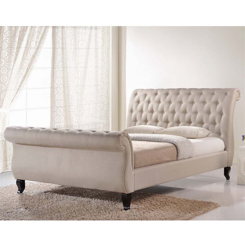 Baxton Studio Antoinette Tufted King Sleigh Platform Bed in Beige