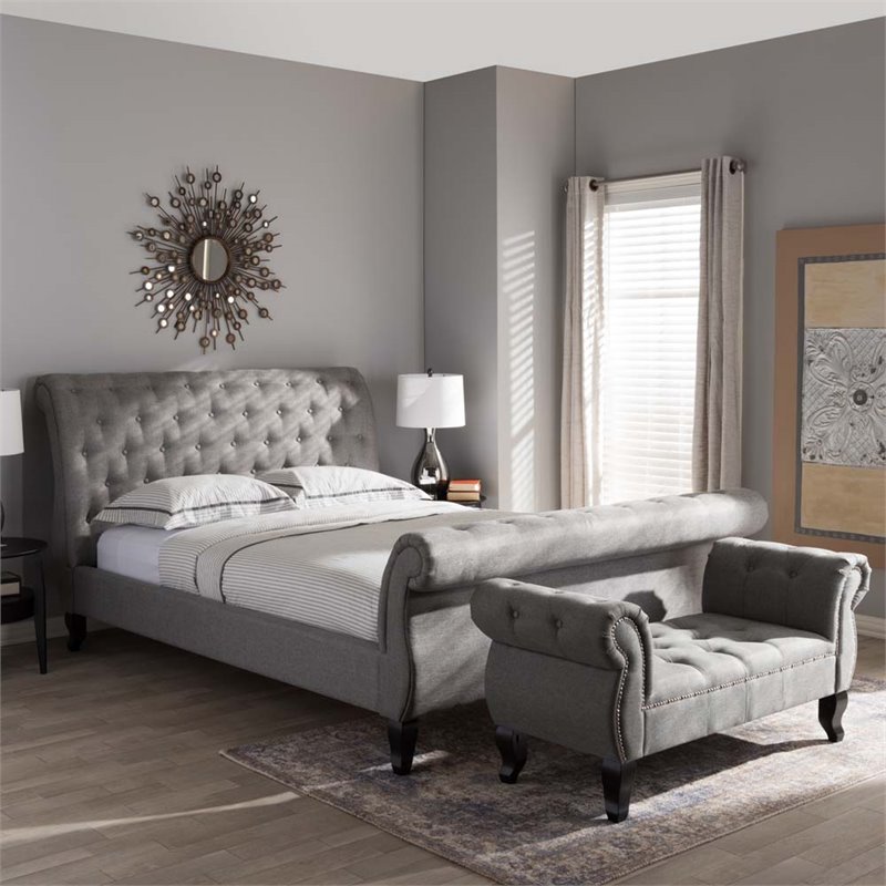 Baxton Studio Antoinette Tufted King Sleigh Platform Bed in Gray