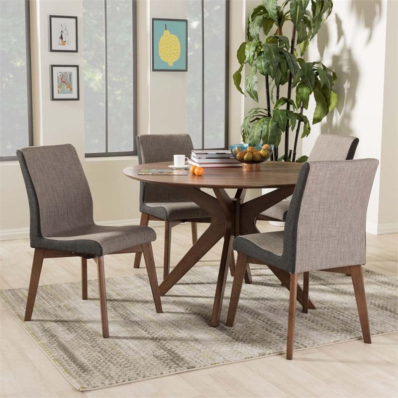 Baxton Studio Kimberly 5 Piece Round Dining Set in Gravel and Walnut