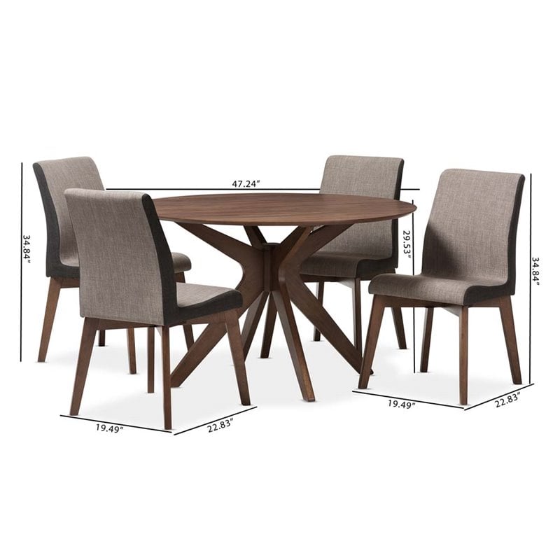 Baxton Studio Kimberly 5 Piece Round Dining Set in Gravel and Walnut