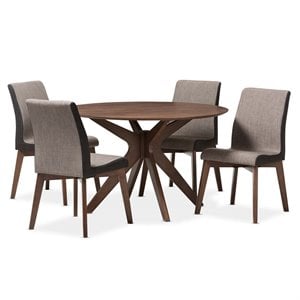 Baxton Studio Kimberly 5 Piece Round Dining Set in Gravel and Walnut
