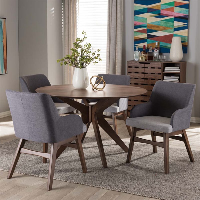 Baxton Studio Monte 5 Piece Round Dining Set in Gray and Walnut